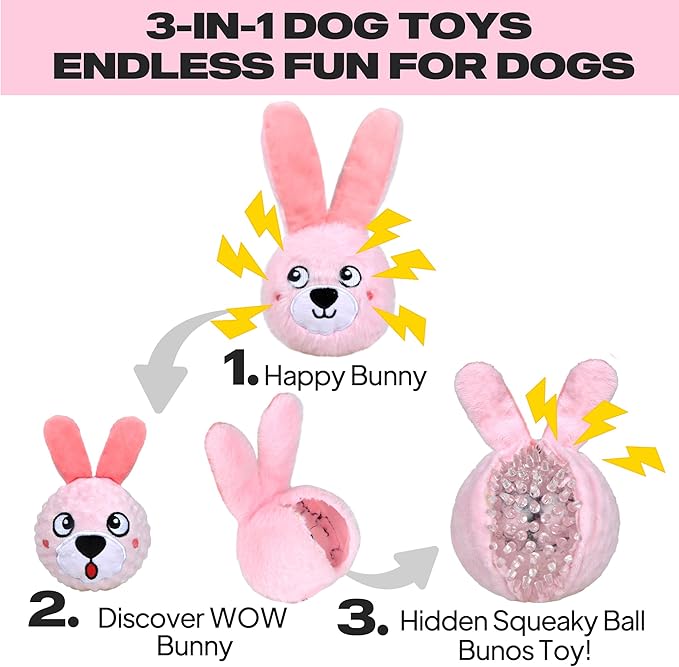 Fida Squeaky Dog Toys for Aggressive Chewers 3 in 1, Dog Chew Toys with 3 Layers,Interactive Dog Toys for Large Dogs Balls to Keep Them Busy for Small Medium Dogs(Pink Bunny)