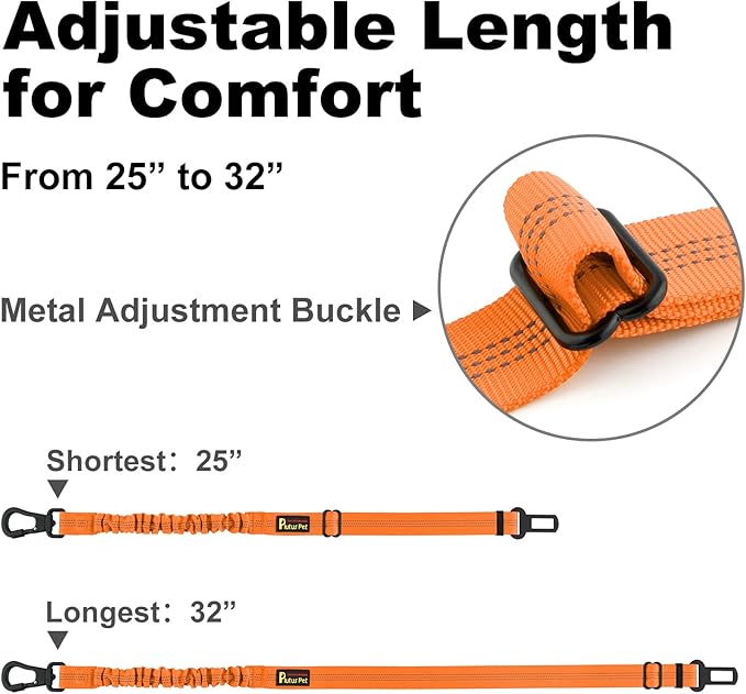 Plutus Pet Dog Seat Belt for Car, Adjustable Dog Car Harness with Carabiner Clip, Reflective Safety Dog Seatbelt Leash with Elastic Bungee, Orange