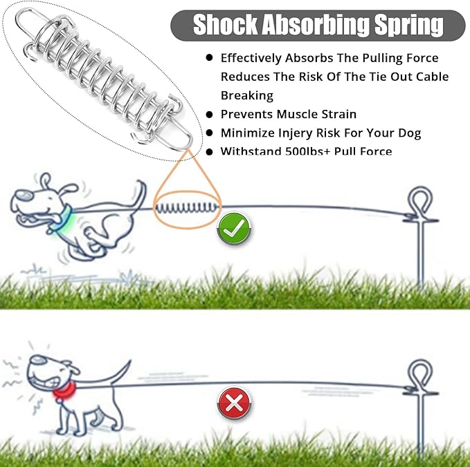 Jenico Dog Tie Out Cable - 10/15/20/30/40/50/70/100/150FT Runner Cable with Swivel Hook and Shock Spring, Outdoor and Camping Dog Leash Run Tether for Small to Medium Pets Up to 500 LBS