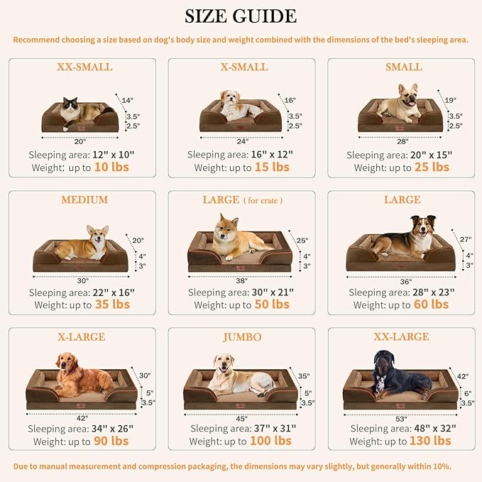 Comfort Expression Memory Foam Dog Beds, Orthopedic Washable Dogs Bed XXL, Waterproof Dog Beds Extra Large with Bolster & Removable Cover(XX-Large,Khaki Brown)
