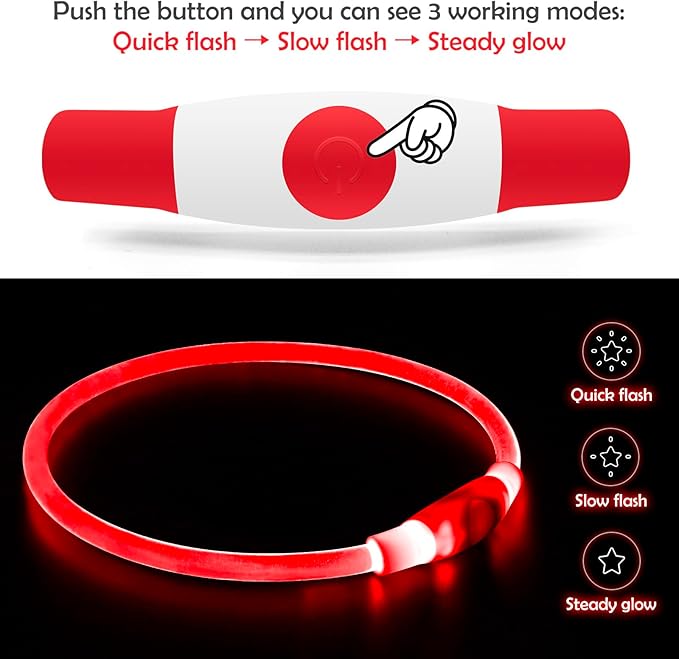 Led Dog Collar, BSEEN USB Rechargeable Flash Dog Necklace Light, Pet Safety Collar Makes Your Beloved Dogs Be Seen at Night for Small Medium Large Dogs(Red)
