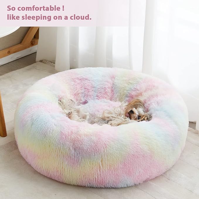 WNPETHOME Calming Dog Bed Cat Bed Donut, Faux Fur Pet Bed Self-Warming Donut Cuddler, Comfortable Round Plush Dog Beds