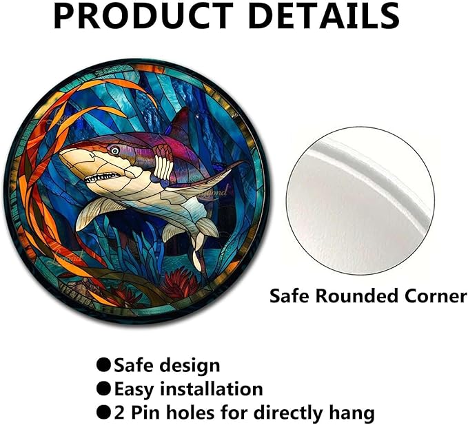 Lygond Metal Shark Tin Sign - Stained Glass Style, 8x8 Inches