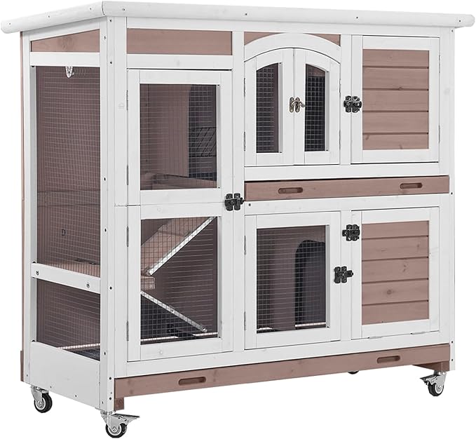 Aivituvin Rabbit Hutch Indoor, Bunny Cage with Wheels, 2-Story Design, 2 Deep Trays, Anti Slip Ramp, Ideal for Small Animals - Brown