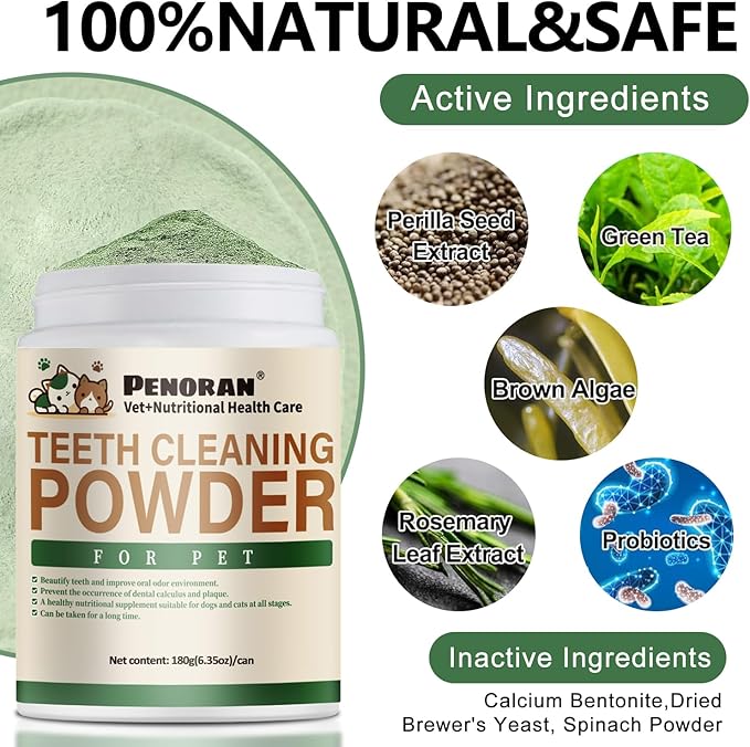 Dog Dental Powder, 6 oz, Dog Teeth Cleaning Powder & Cat Breath Freshener, Plaque Off Pet Tooth Cleaning - Combating Dental Plaque, Tartar Cleaning and Removal, Fighting Bad Breath, Oral Care