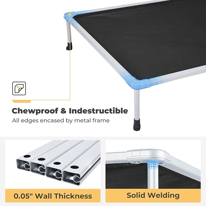 Veehoo Chewproof Elevated Dog Bed - Cooling Raised Pet Cot, Breathable Mesh, Washable & Non-Slip for Large Dogs, Indoor/Outdoor, Black Mat and Silver Metal Frame, 42x30inches (Model CWC2203B03)