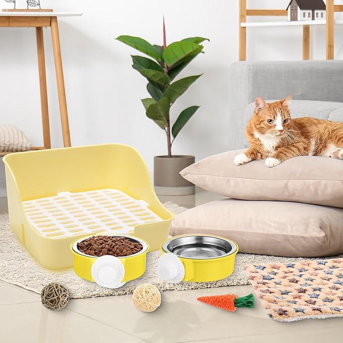 15 Pcs Rabbit Starter Kit Small Rabbit Litter Box Animal Grooming Kit Bunny Toys Bowl Blankets with Cleaning Set for Guinea Pig Accessories(Blue)