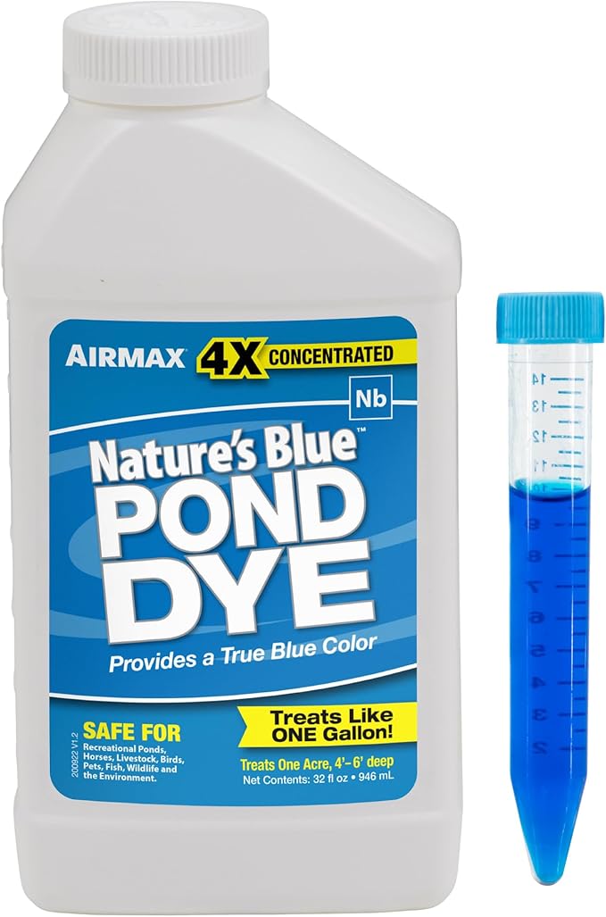 Airmax Nature's Blue Pond Dye 4X Concentrate for Outdoor Ponds & Lakes, Natural Pond Colorant & Beauty Enhancer, Block Ultraviolet Rays, Fish, Bird & Livestock Safe, Easy Liquid Application, 1 Quart