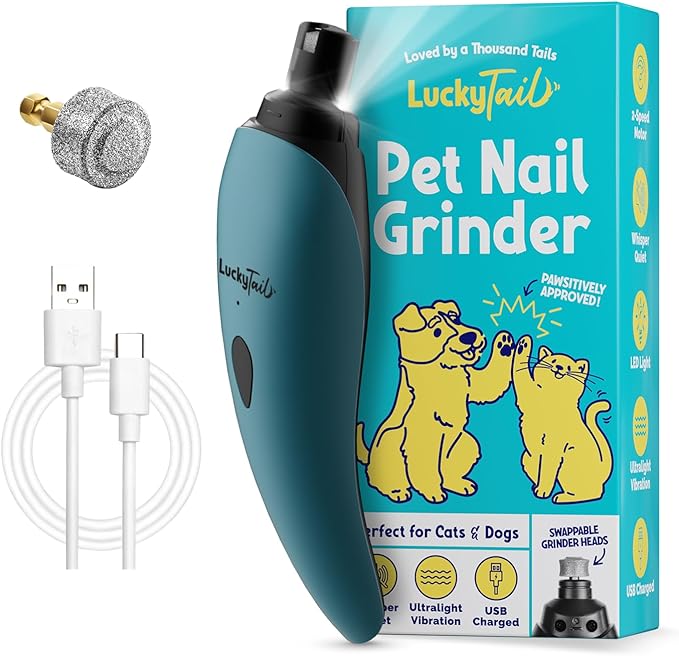LuckyTail Pet Nail Grinder for Dogs and Cats - Super Quiet and Low Vibration Electric Dog Nail Grinder with 2 LED Lights - USB Rechargeable and Cordless - 2 Speeds - Small to Large Pets - Teal
