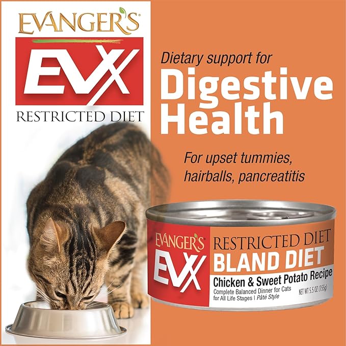Evanger's EVX Restricted Diet Bland Diet Canned Cat Food – 24 Count, 5.5 oz Each – Chicken & Sweet Potato Recipe with Prebiotics & Postbiotics for Digestive, Microbiome & Gut Health Support
