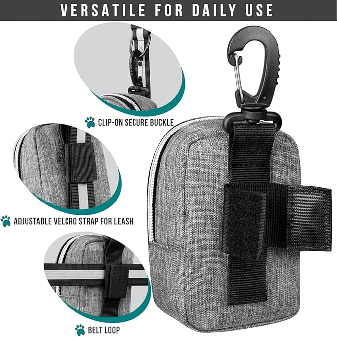 PetAmi Dog Poop Bag Holder for Leash, Dog Pet Waste Bag Dispenser For Poop With Clip, Doggy Puppy Walking Accessories Travel Camping, Dog Treat Pouch Supplies Must Have With Dog Bag Roll, Light Gray
