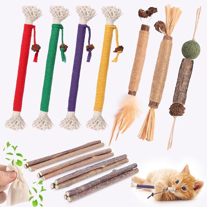 Cat Toys Cat Chew Toys, Silvervine Sticks Catnip Rope Toys for Cats Teeth Cleaning, Kitten Dental Care, Kitty for Indoor Cats Increase Appetite,Enhances Oral & Dental Health (20 Pack)