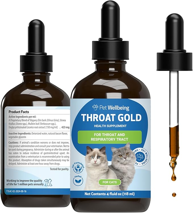 Pet Wellbeing Throat Gold for Cats - Supports Throat Comfort, Upper Respiratory Health, Occasional Throat Hoarseness, Slippery Elm, Mullein - Veterinarian-Formulated Herbal Supplement 4 oz (118 ml)