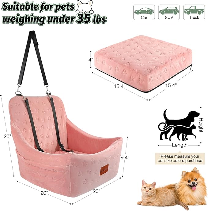 Dog Car Seat for Medium Dogs, Pet Travel Bed with Seat Belt Channel, Fully Detachable and Washable, 3 Straps Easy to Install (Pink)