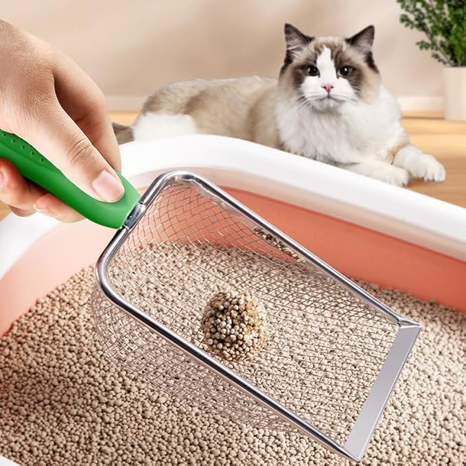 Metal Cat Litter Scoop,Sturdy Litter Cleaner Corner Shovel,Stainless Steel Mesh Litter Shovel,Easy to Clean Reptile Terrarium Sand Waste(Green)