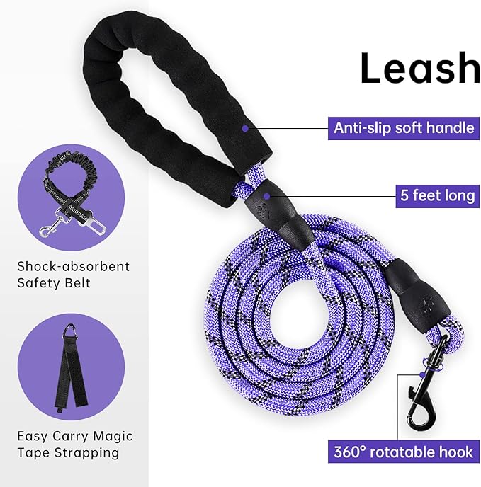 IVY&LANE No Pull Dog Harness for Small Dogs, Dog Vest Harness with Leash, Safety Belt and Storage Strap, Fully Adjustable Harness, 360° Reflective Strip, Soft Handle (Purple, XS)