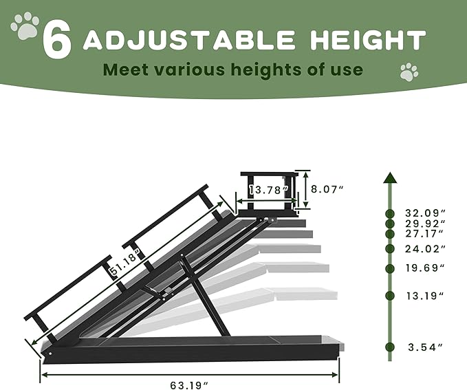 6 Level Height Adjustable Dog Ramp for Bed, Couch 65" Foldable Pet Ramp with Non-Slip Mat，DIY Glow Strips & Rest Platform Heavy Duty Dog Stairs for Large Dogs up to 200Lbs ，Black