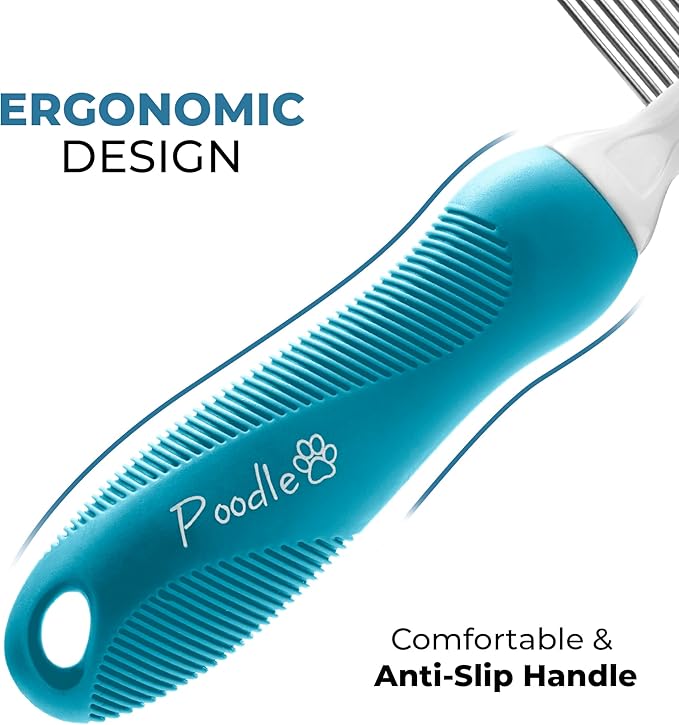 Poodle Grooming Comb - Metal Dematting Comb with Long & Short Stainless Steel Teeth for Removing Matted Hair & Knots, Safe and Gentle for Dogs & Cats