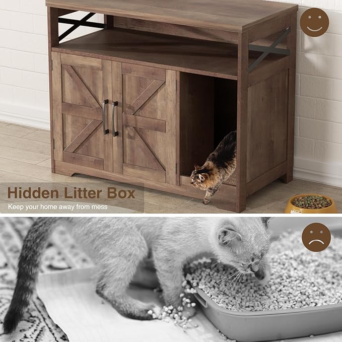 Cat Litter Box Enclosure, Hidden Litter Box Furniture with Scratch Pad, Farmhouse Indoor Cat House Washroom End Table, Retro Brown
