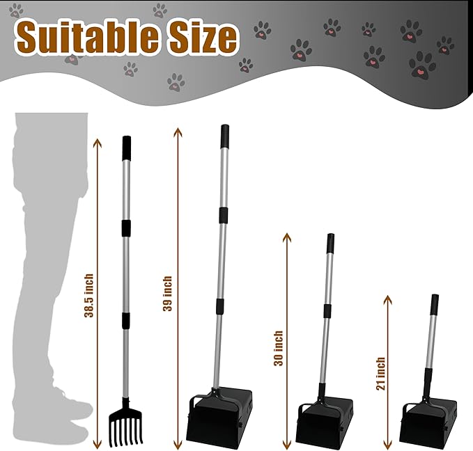 Pooper Scooper Metal 38" Long Adjustable Handle Swivel Bin & Rake for Large & Small Dogs Non-Breakable Dog Poop Scooper Easy to Clean Pet Waste Use on Grass, with 20 Waste Bags