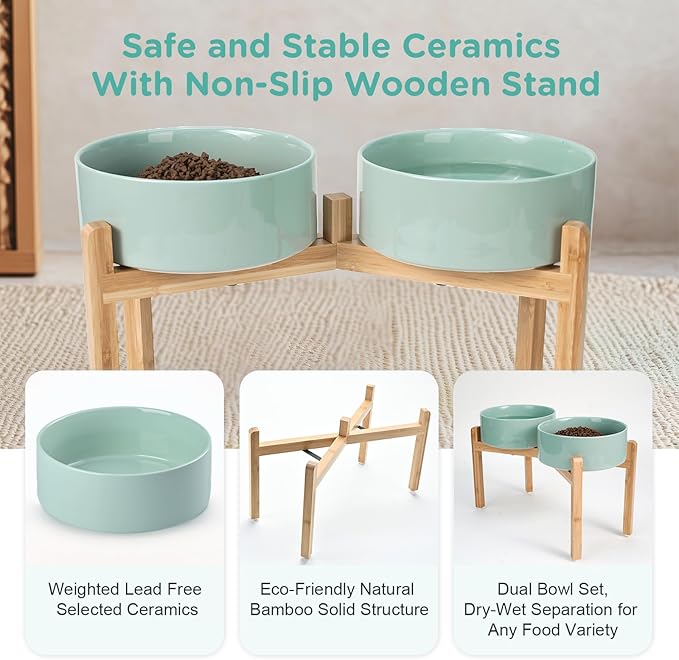 SPUNKYJUNKY Elevated Dog Bowls Ceramic, 8.3'' Dogs Food Water Bowls Raised with Non-Slip Bamboo Stand for Large Sized Breed Microwave Dishwasher Safe - 60 OZ,Light Green
