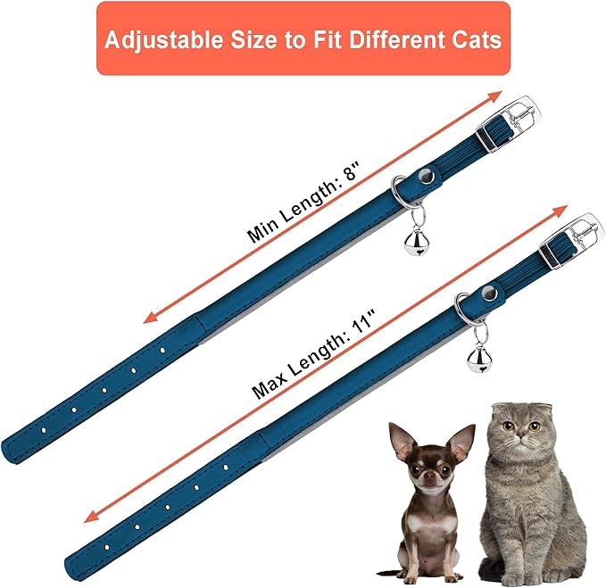 OOPSDOGGY Rolled Leather Cat Collar with Bell, Reflective Kitten Collars with Buckle Include Safety Elastic Strap - Adjustable Small Pet Collars for Boy Girl Cats (Blue)
