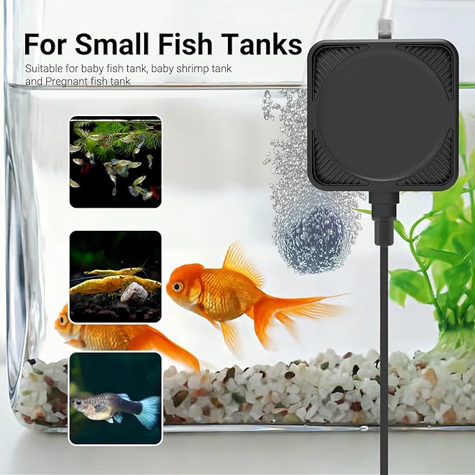 Mini Air Pump for Aquarium, Quiet Air Bubbler with Air Stone Air Tubing Clip, Oxygen Aerator for 1-15 Gallon Fish Tank, 1.3 Watt, 450 ML/min