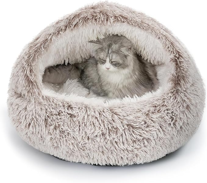 CATISM Plush Hooded Cat Bed, Calming Nest, Self-Warming Cave, Cozy Pod for Indoor Cats or Small Dogs, Removable Washable Cove With Non-Slip Bottom