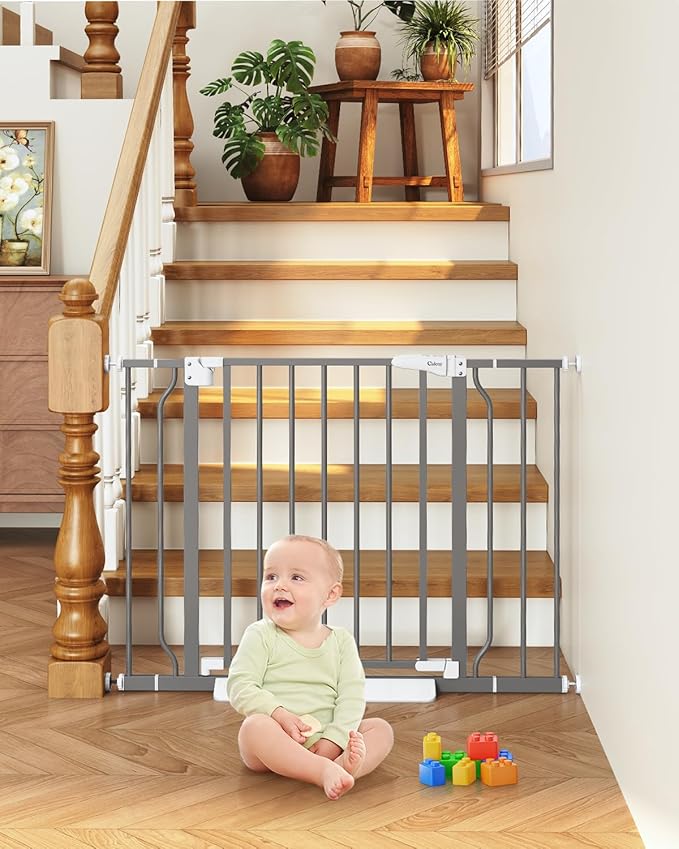 29"-40" Baby Gate for Stairs, Auto Close Stroller Friendly Dog Gate Indoor for Doorways, Pressure Mounted Baby Gate, Easy Walk Through Gate for Children & Pets, Grey