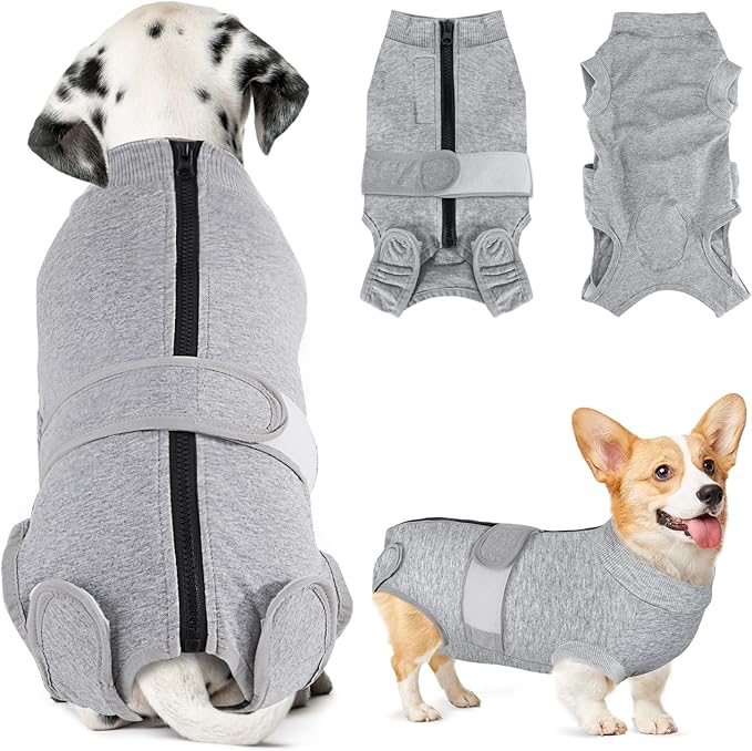 Lukovee Recovery Suit for Dogs, Zipper On Recovery Suit for Female Male Dog, Onesie Abdominal Wounds Cone E-Collar Alternative Prevent Licking Spay Recovery Suit (Large, Grey)
