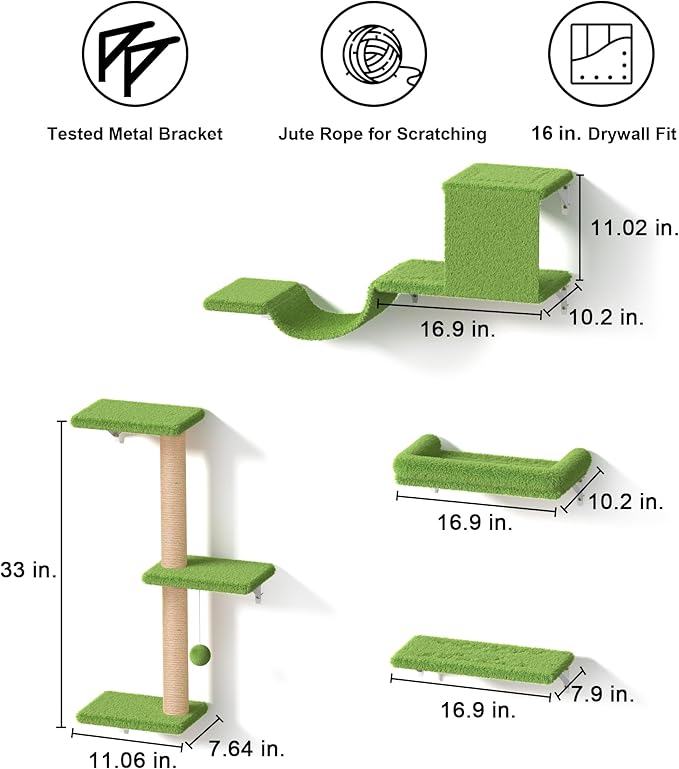 FUKUMARU Cat Wall Shelves, Stable & Safe 4 in 1 Cat Furniture Set, Wooden Climbing Wall with Scratching Post, Bridge and Bed, Stylish Jungle Gym for 16 Inch Drywall - Green