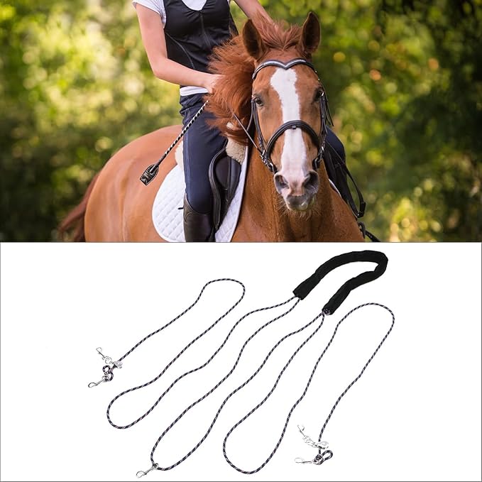 QWORK Adjustable Horse Training and Lunging Aid with Rear Fleece Cover, Navy/Red, Encourages Proper Head Carriage and Comfortable Stretching, Durable Braided Nylon Rope with Metal Clips,