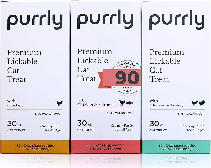 Purrly Low Calorie Premium Lickable Cat Treat Topper Healthy Chicken Variety Bundle (90 Count) Human-Grade Protein Sources with Functional Nutrients Wet Squeeze Creamy Purée Grain-Free Non-GMO