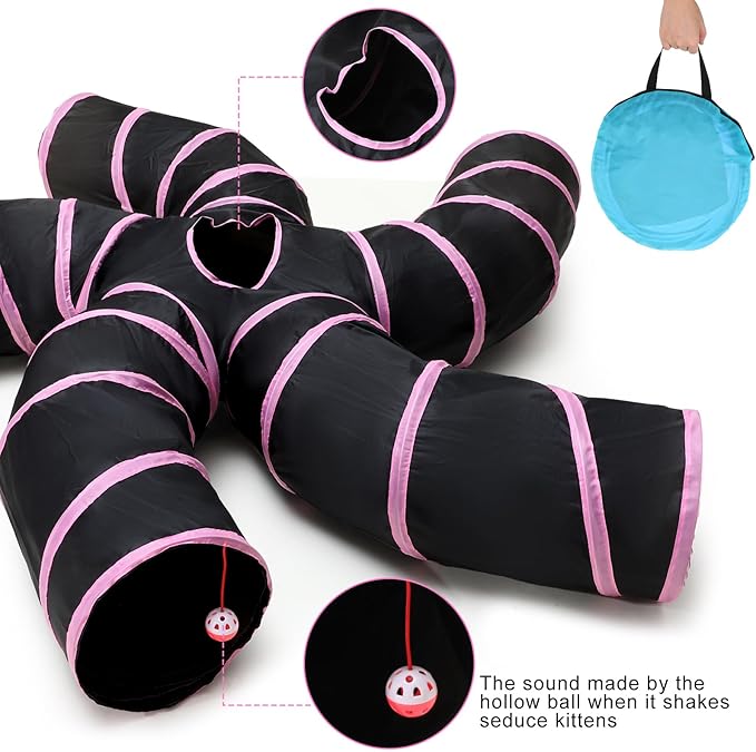 Poen 21 Pcs Cat Tunnel for Indoor Set Collapsible 5 Way Tubes with 20 Pcs Cat Kitten Toys Interactive Feather Toy Mouse Crinkle Balls Tube for Puppy Kitten Rabbit(Pink Black)