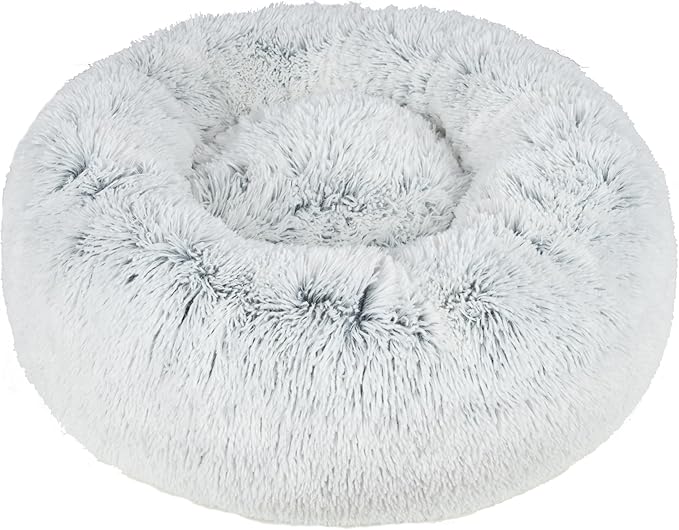 Best Pet Supplies Round Donut Dog Bed with Plush Faux Fur Fabric, Calming, Anti-Anxiety Cushion for Indoor Pets, Slip-Resistant Base, Soft Ergonomic Support - Light Warm Gray, 30x30x8''