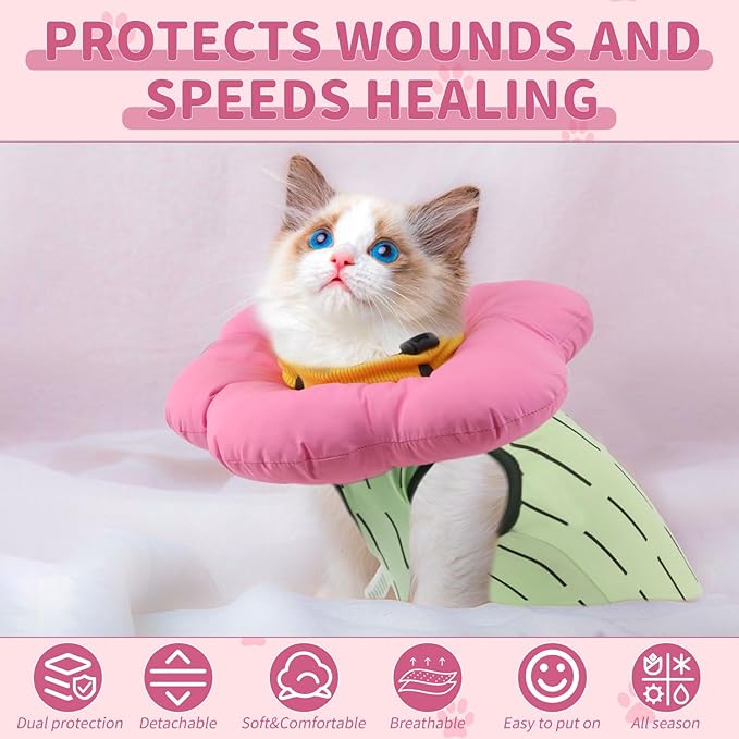 EMUST Cat Recovery Suit and Cone Collar - Cute Surgical Suit for Abdominal Wounds or Skin Diseases, Adjustable Flower Neck Collar Soft for Cats 4-8lb (Green, M)