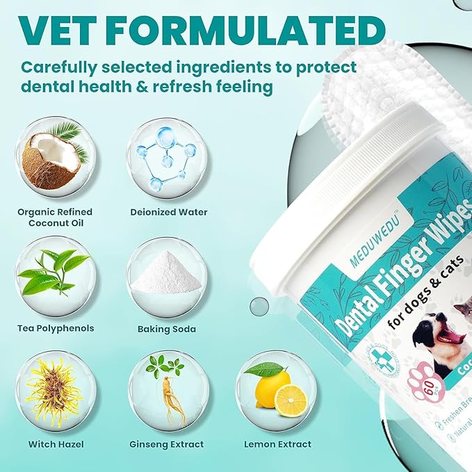 Dental Care Finger Wipes 60 Counts,Teeth Cleaning Finger Wipes for Dogs & Cats,Reduces Plaque & Supports Oral Freshness,Small Animal Stain Removers, Unscented