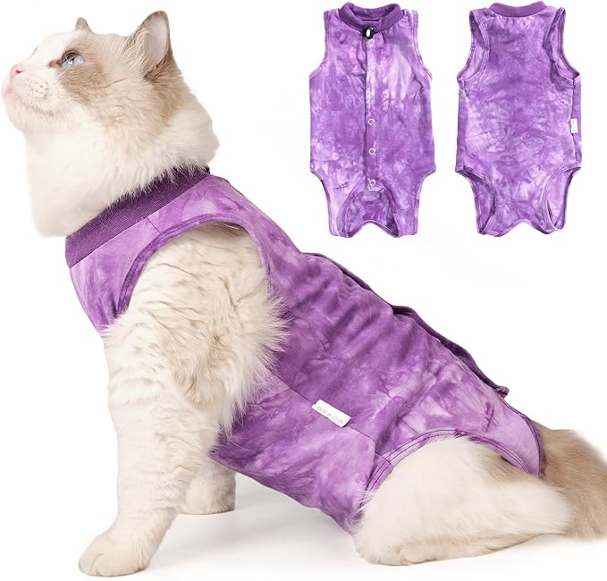 Cat Recovery Suit for Male and Female Surgical Post Surgery Soft Cone Onesie Tie Dye Cats Shirt Clothes Neuter Licking Protective Diapers Outfit Cover Kitten Spay Collar Alternative(Purple, S)