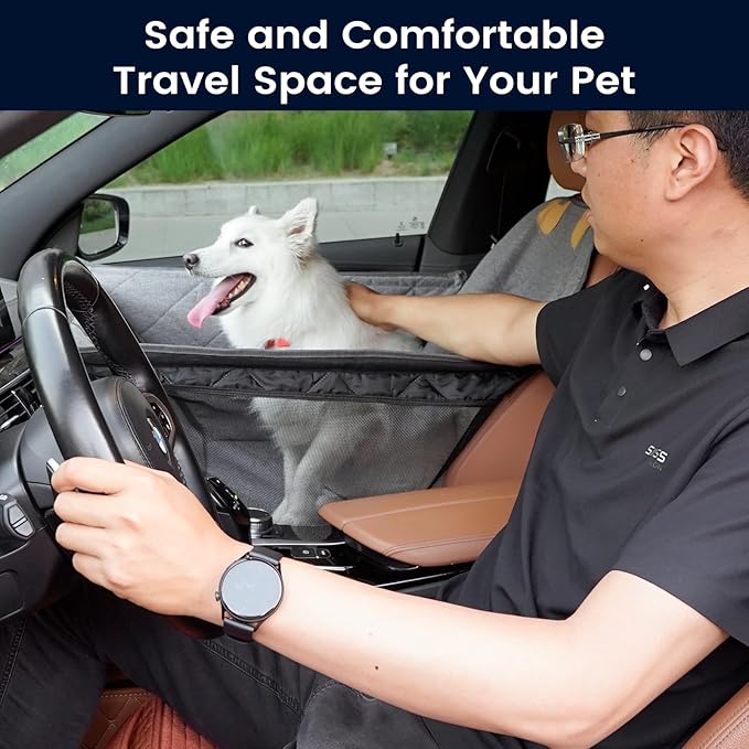 Dog Car Seat for Small/Medium Dogs with Door Protection – Full Coverage Pet Booster Seat with Mesh Window, Zippered Side Flaps, Safety Buckle, Grey Linen Fabric