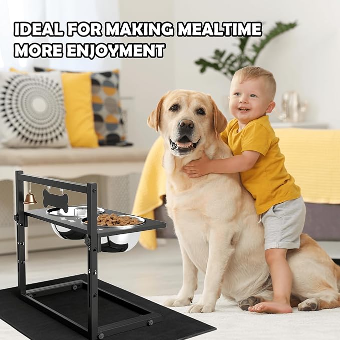 Elevated Dog Bowls with Slow Feeder and Spill Proof Mat, Adjustable Height 4.3-11.8'', Two 1.7L Stainless Steel Food & Water Bowls, Metal Raised Dog Bowl Stand, for Large Medium Breeds