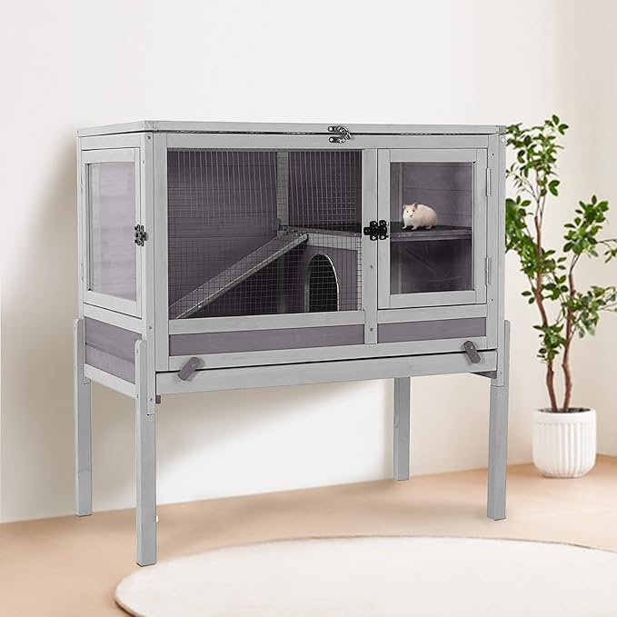 Guinea Pig Cage with Wooden Stand - Hamster Cage, Small Animal Cage Anti Chew Ramp, Hideout, Platform, Pull Out Tray (Grey, L)