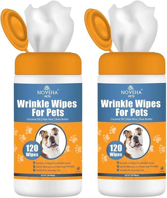 NOVEHA Wrinkle XL Wipes for Dogs | Wipes for Bulldog, French Bulldog, Pug, English Bulldog – Wipes for Multiple Areas Removes Dirt, Wrinkles, Folds, Tear Stain, Tail Pockets & Paws (240 Counts)