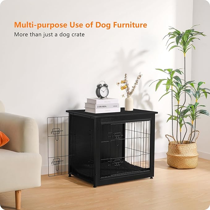 DWANTON Dog Crate Furniture with Cushion, Wooden Kennel Table with Double Doors, Indoor Dog House, Small/Medium/Large Size, 27.2" L, Black