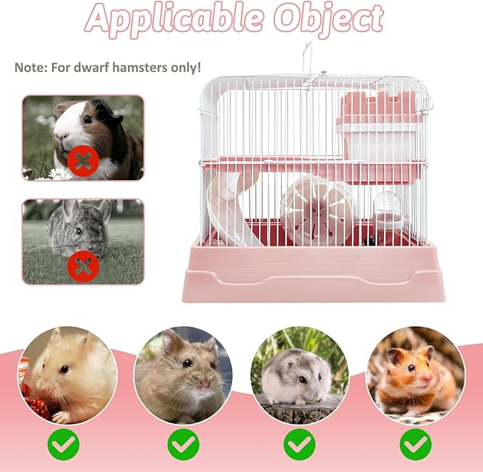 PINVNBY 2-Tier Dwarf Hamster Cage, Travel Portable Mouse Cage Gerbil Cages and Habitats Small Animal Carrier with Castle House Running Exercise Wheels, Water Bottle and Food Dis