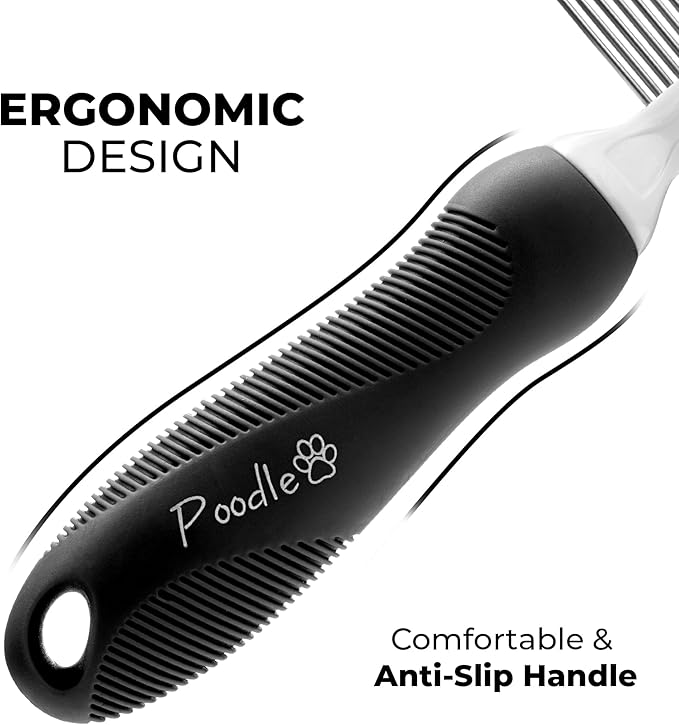 POODLIE Poodle Pet Dog Combs for Grooming Matting - Metal Comb for Dogs with Long & Short Stainless Steel Teeth - Dematting Comb for Cats to Remove Matted Hair & Knots, Black