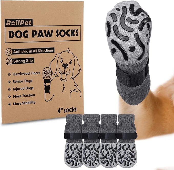 Double Sides Non-Slip Dog Socks to Prevent Licking Paws - Strong Traction for Hardwood Floors, Senior Dogs, Paw Protector, Dog Socks with Grippers - X-Large