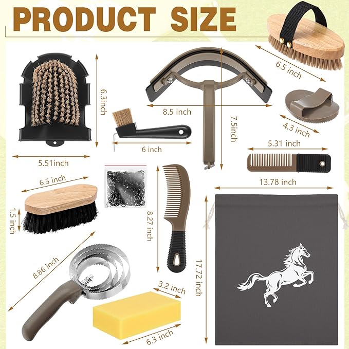 Abbylike 12 Pieces Horse Grooming Kit Racing Festival Tack Room Supplies Horse Brush Sets Equine Care Cleaning Kit Shedding Grooming Massaging Tools(Dark Gray)