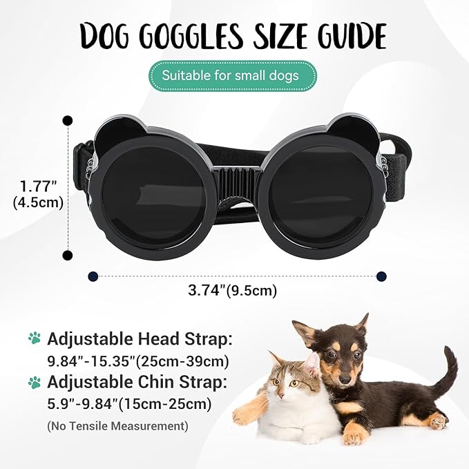 Lesypet Dog Sunglasses Small Breed, Dog Goggles for Small Dogs Eye Protection Windproof Doggie Glasses for Outdoor Driving Hiking UV Protection, Black