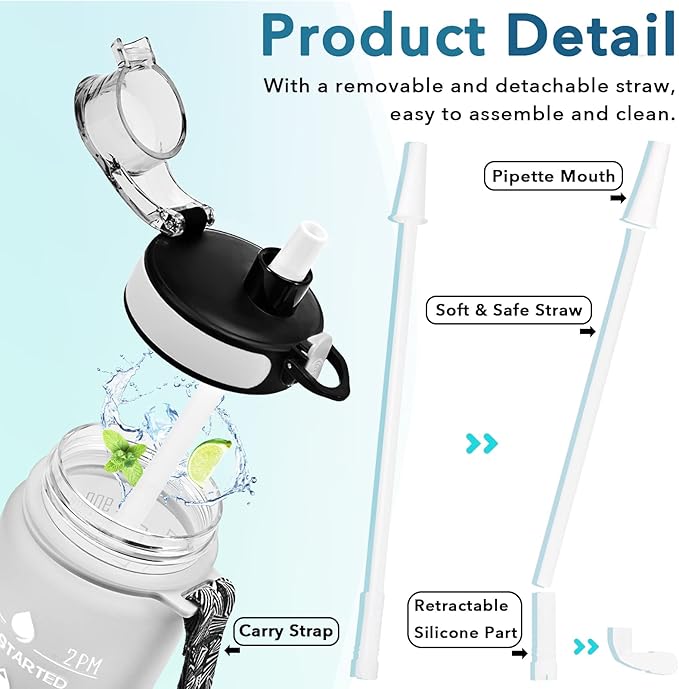 Enerbone Water Bottle, Leakproof BPA & Toxic Free, Motivational Water Bottle with Times to Drink and Straw, Fitness Sports Water Bottle with Strap for Office, Gym, Outdoor Sports
