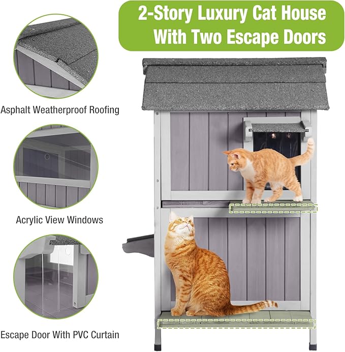 GUTINNEEN Outdoor Cat House Weatherproof Feral Cat Shelter with Escape Doors - 2-Story（AIR94）